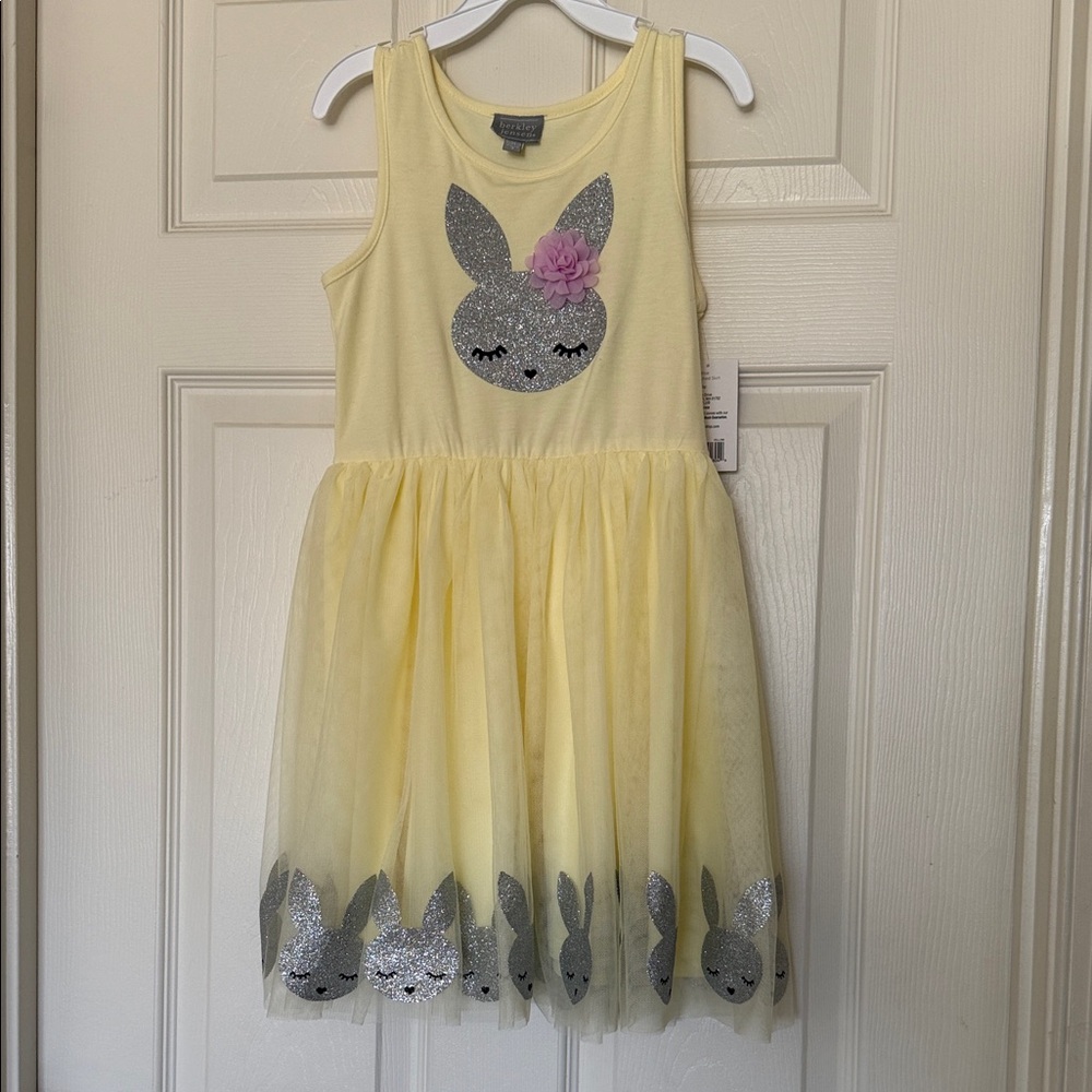 Berkley Jensen Pale Yellow Tulle Dress with Silver Bunny Trim Easter Spring